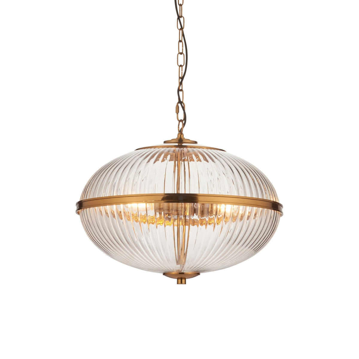Somerset Three Light Pendant in Vintage Brass & Clear Ribbed Glass Shade
