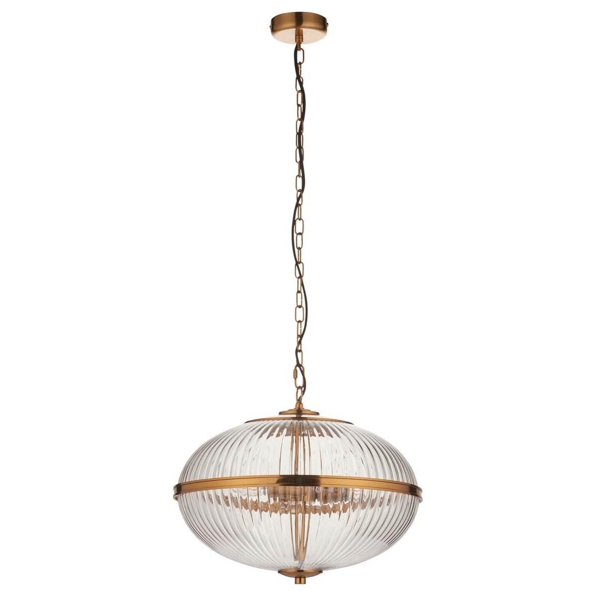Somerset Three Light Pendant in Vintage Brass & Clear Ribbed Glass Shade