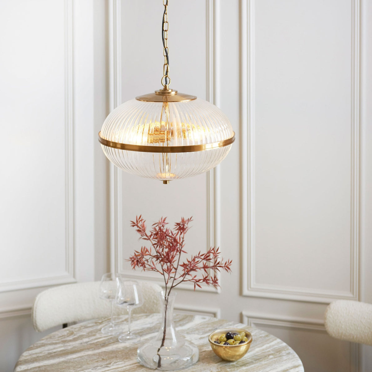 Somerset Three Light Pendant in Vintage Brass & Clear Ribbed Glass Shade