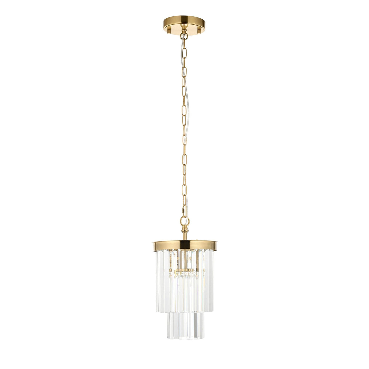 An illustration of the pendant light, showcasing its brass chain and frame with clear glass rods against a white background.