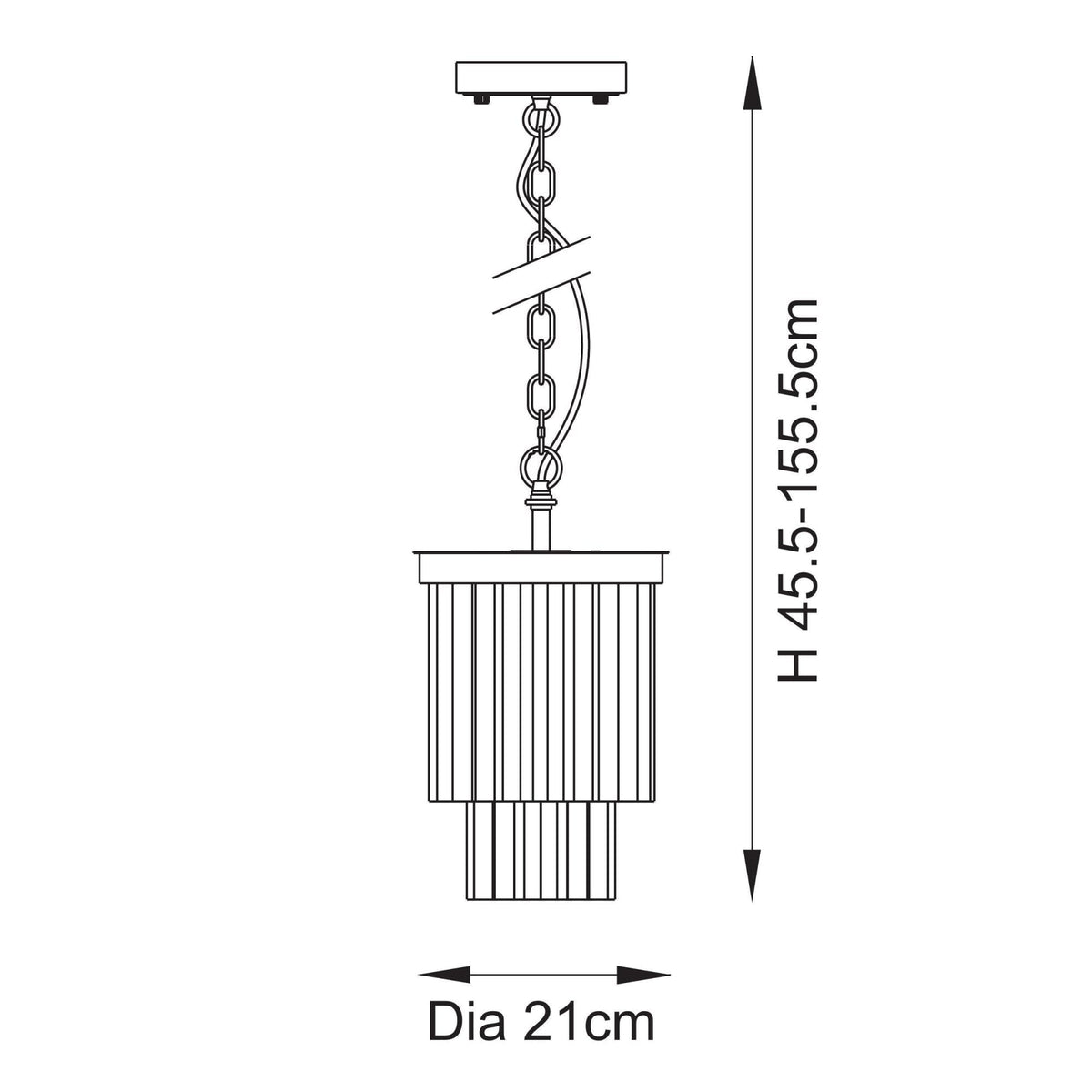 A technical drawing of the pendant light, indicating its height (45.5-155.5cm) and diameter (21cm).