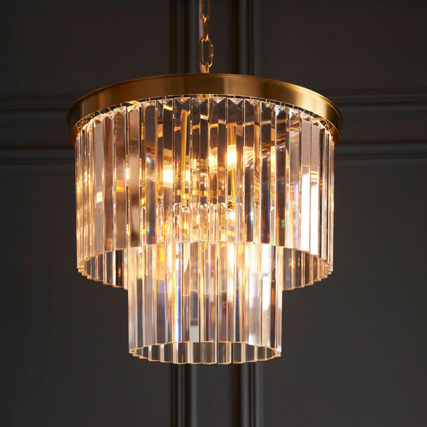 Conaston Four Light Two Tier Pendant in Brushed Aged Brass & Clear Cut Lozenge Glass Drops