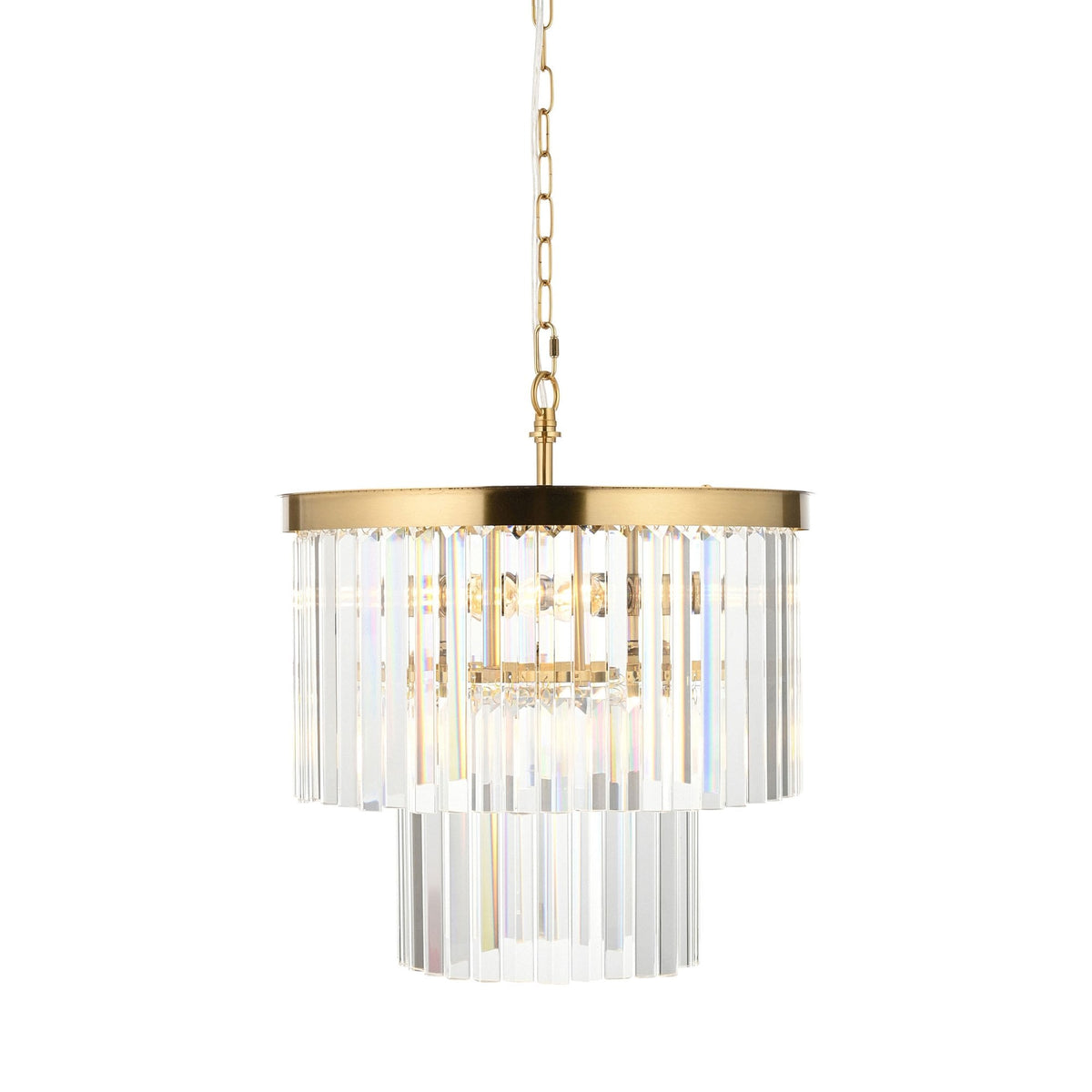 Conaston Four Light Two Tier Pendant in Brushed Aged Brass & Clear Cut Lozenge Glass Drops