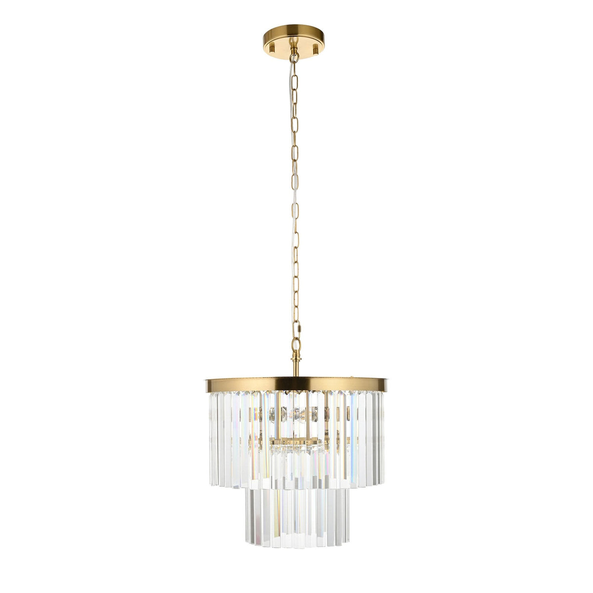 Conaston Four Light Two Tier Pendant in Brushed Aged Brass & Clear Cut Lozenge Glass Drops