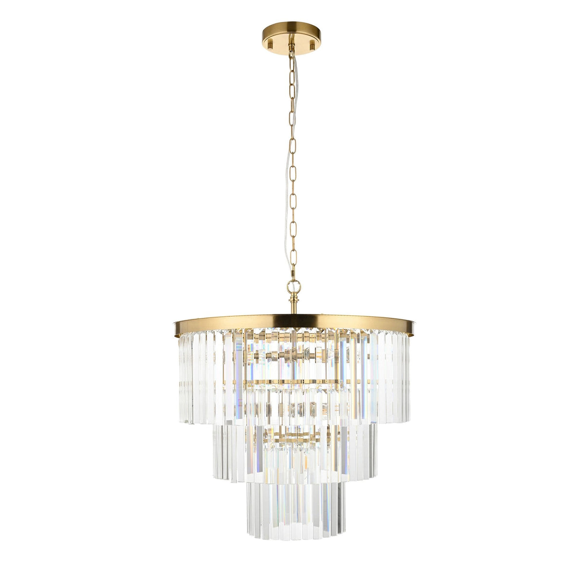 A stunning, three-tiered crystal rod chandelier with a brass finish hangs against a plain white background.