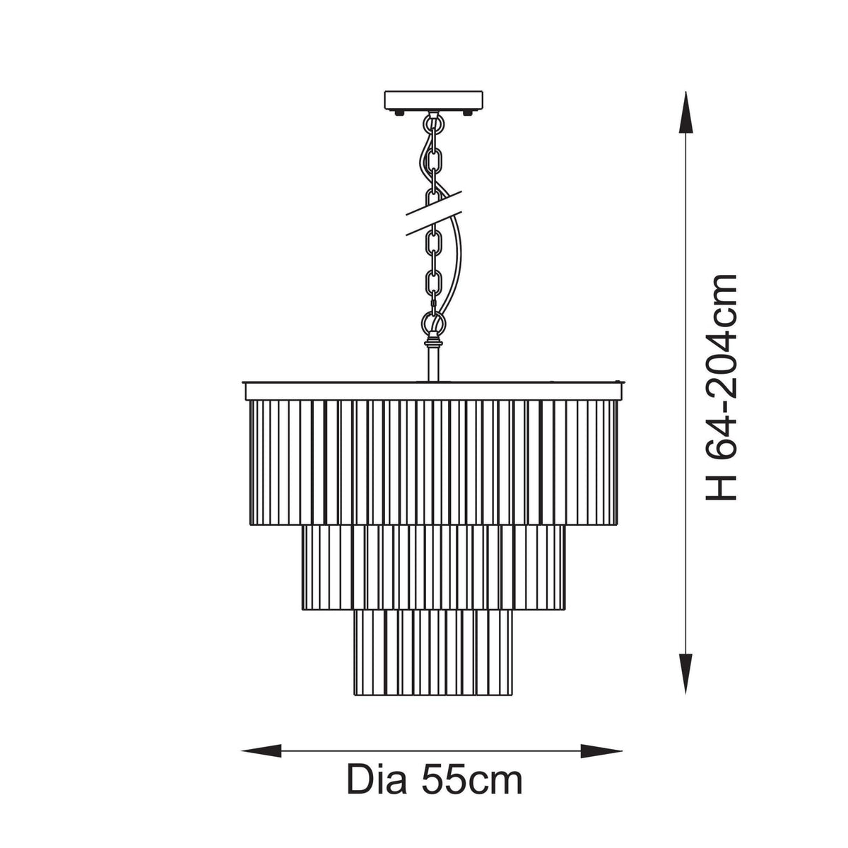 A technical drawing displays the dimensions of a three-tiered chandelier, showing a 55cm diameter and 64-204cm height.