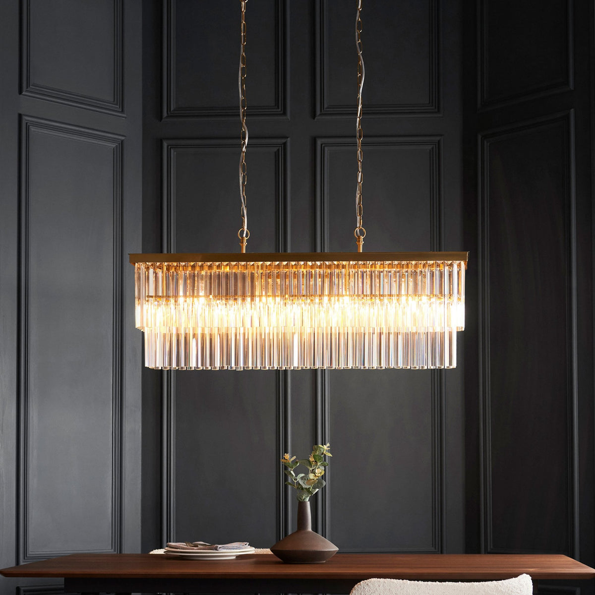 Conaston Four Light Two Tier Linear Pendant in Brushed Aged Brass & Clear Cut Lozenge Glass Drops