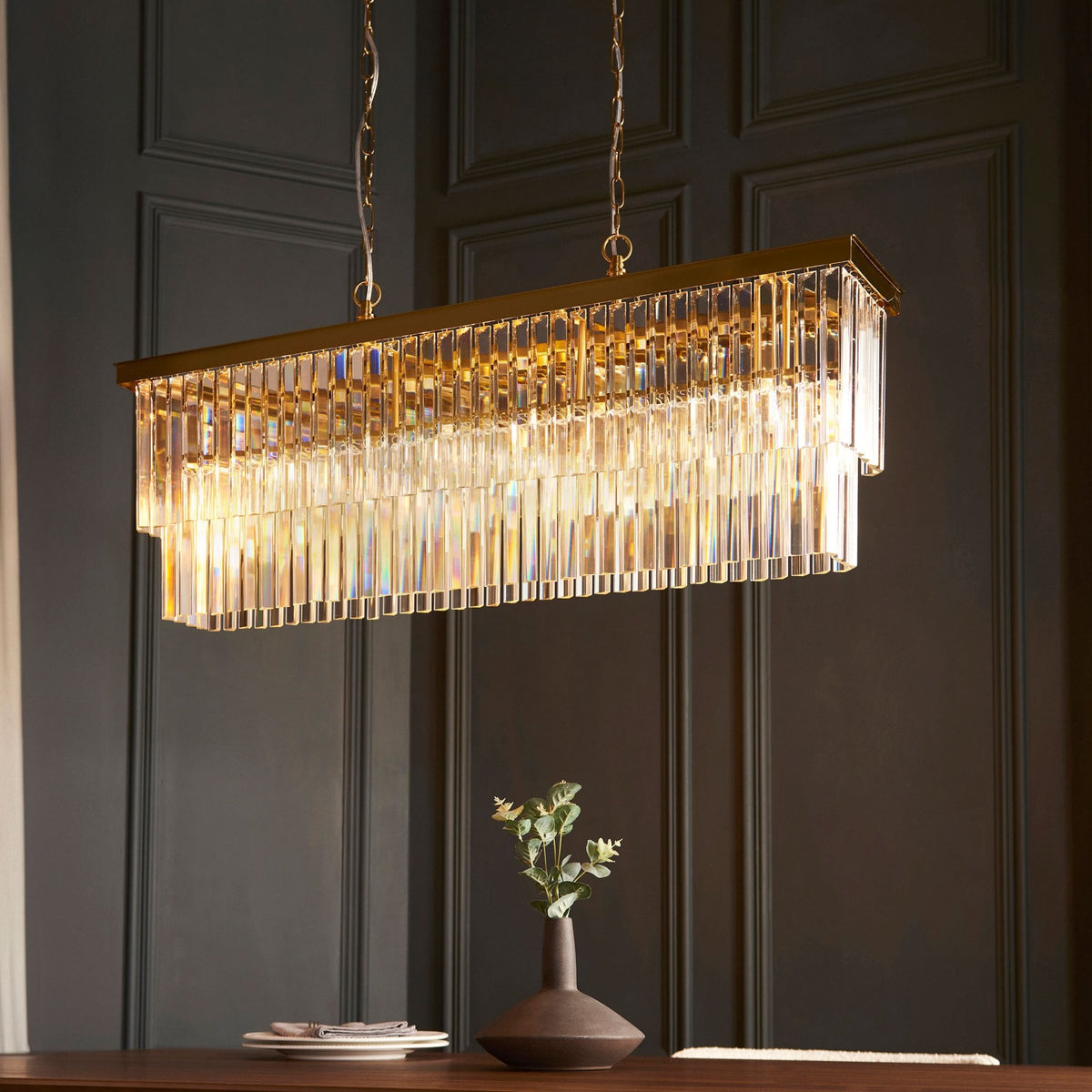 Conaston Four Light Two Tier Linear Pendant in Brushed Aged Brass & Clear Cut Lozenge Glass Drops