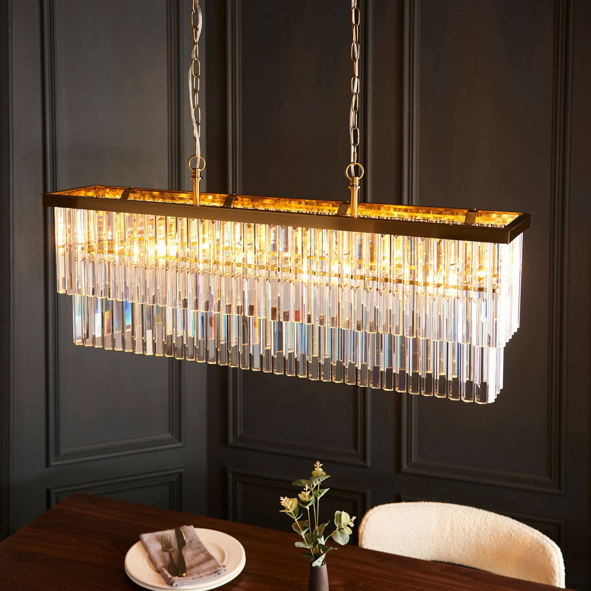 Conaston Four Light Two Tier Linear Pendant in Brushed Aged Brass & Clear Cut Lozenge Glass Drops