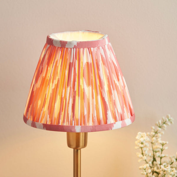 Rise Table Lamp in Vintage Brass with Ikat 16cm Coral Pink Faux Silk Fabric Shade