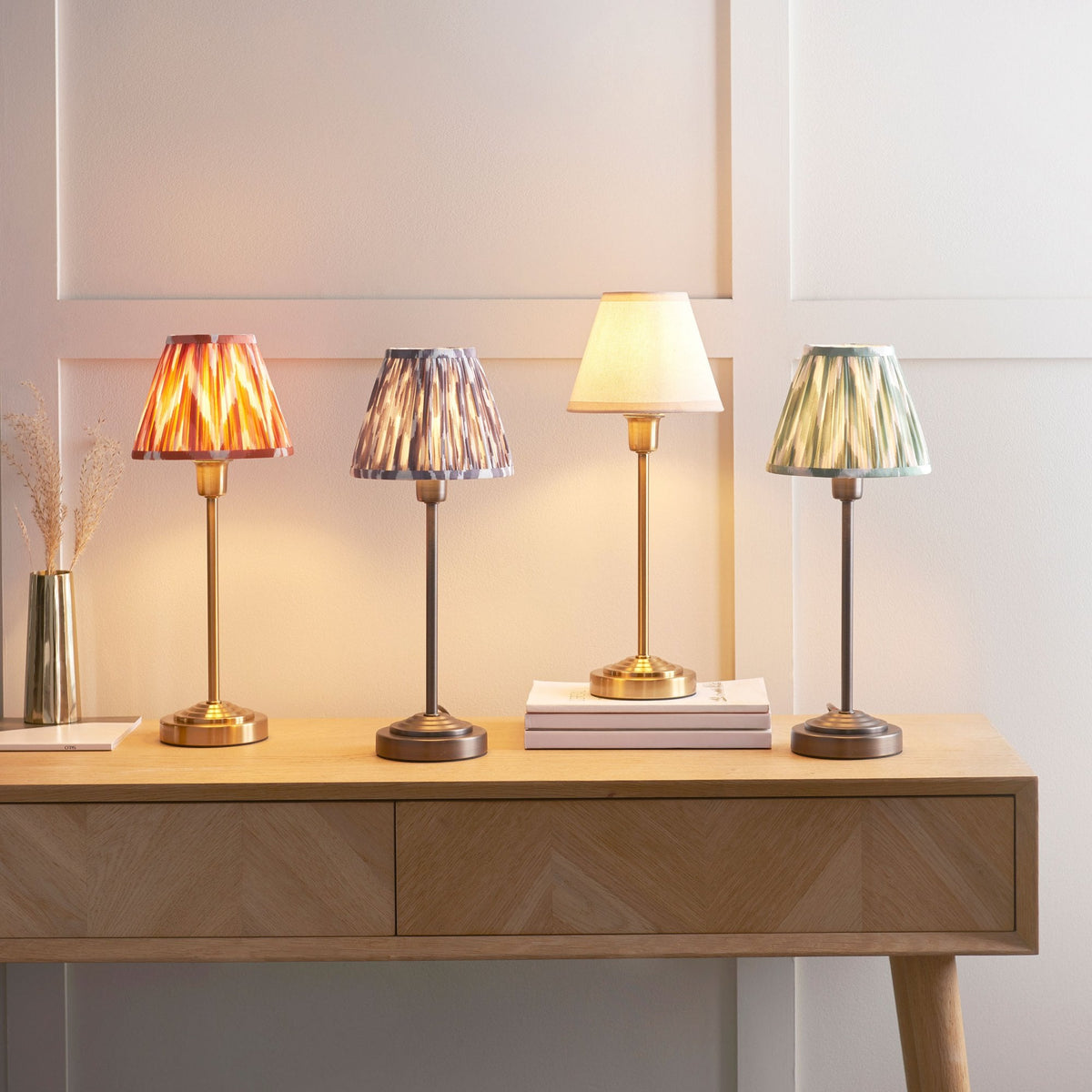 Rise Table Lamp in Vintage Brass with Ikat 16cm Coral Pink Faux Silk F ...
