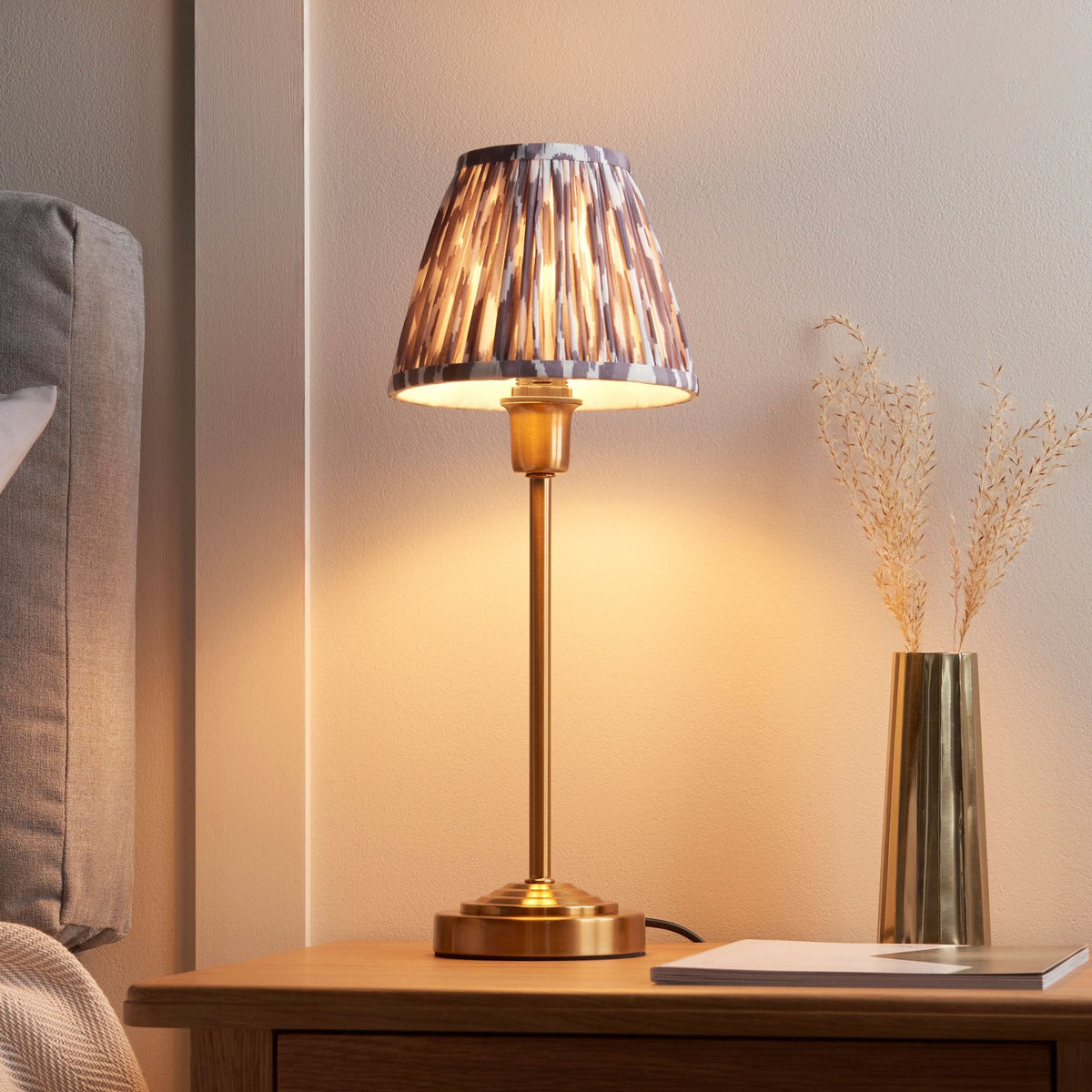 Rise Table Lamp in Vintage Brass with Ikat 16cm Pearl Grey Faux Silk Fabric Shade