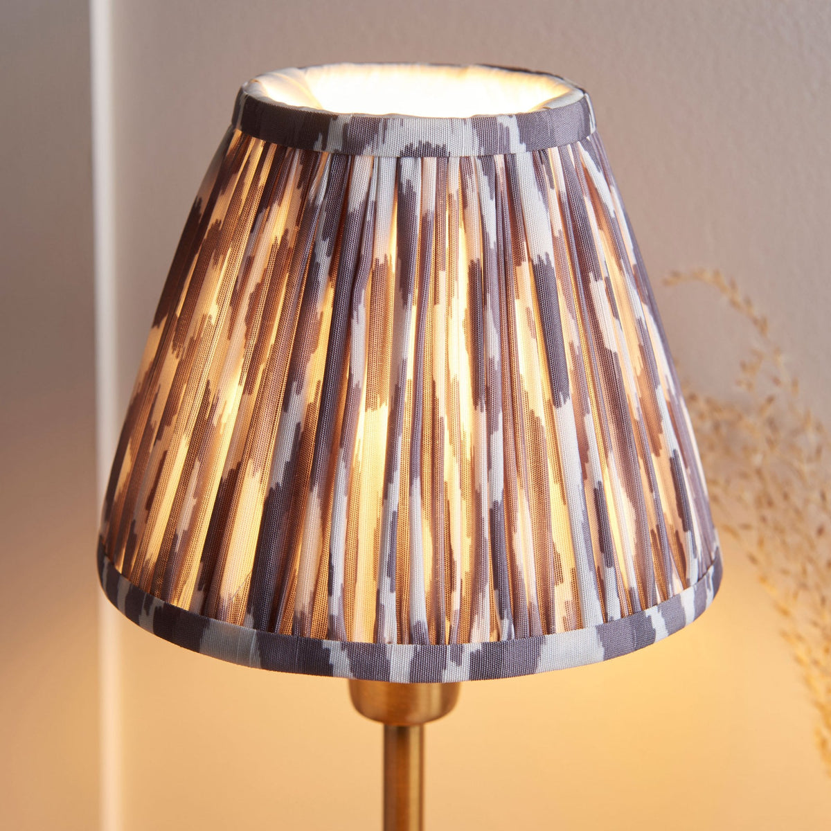 Rise Table Lamp in Vintage Brass with Ikat 16cm Pearl Grey Faux Silk Fabric Shade