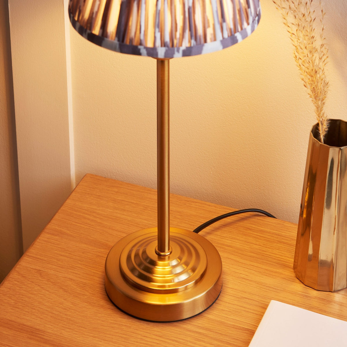 Rise Table Lamp in Vintage Brass with Ikat 16cm Pearl Grey Faux Silk Fabric Shade