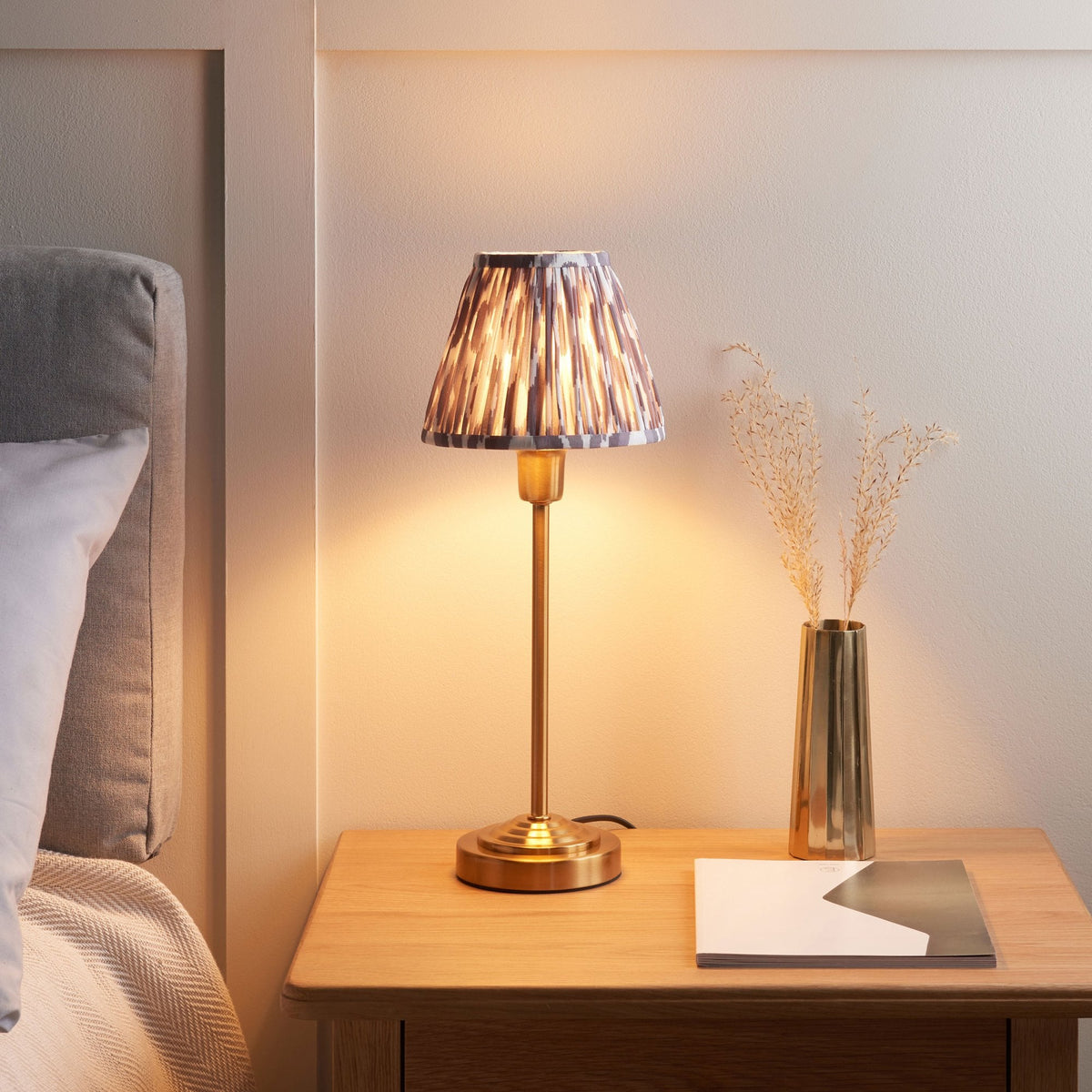 Rise Table Lamp in Vintage Brass with Ikat 16cm Pearl Grey Faux Silk Fabric Shade