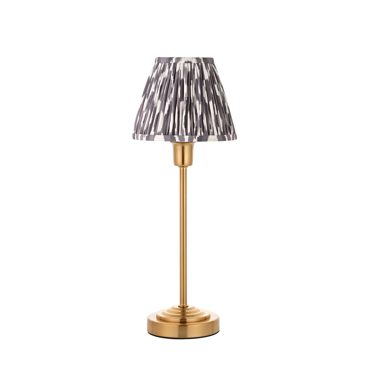 Rise Table Lamp in Vintage Brass with Ikat 16cm Pearl Grey Faux Silk Fabric Shade