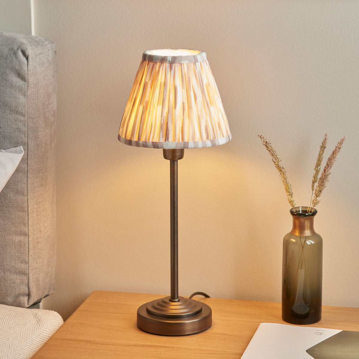 Rise Table Lamp in Antique Bronze with Ikat 16cm Neutral Faux Silk Fabric Shade
