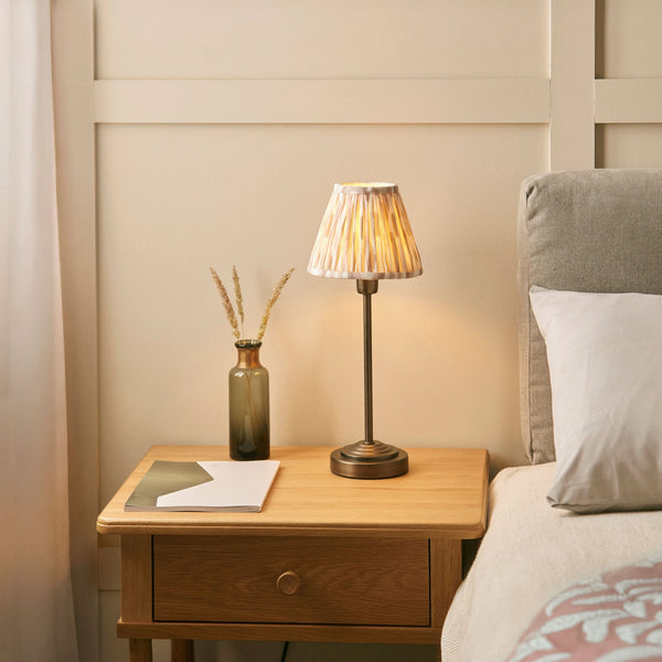 Rise Table Lamp in Antique Bronze with Ikat 16cm Neutral Faux Silk Fabric Shade