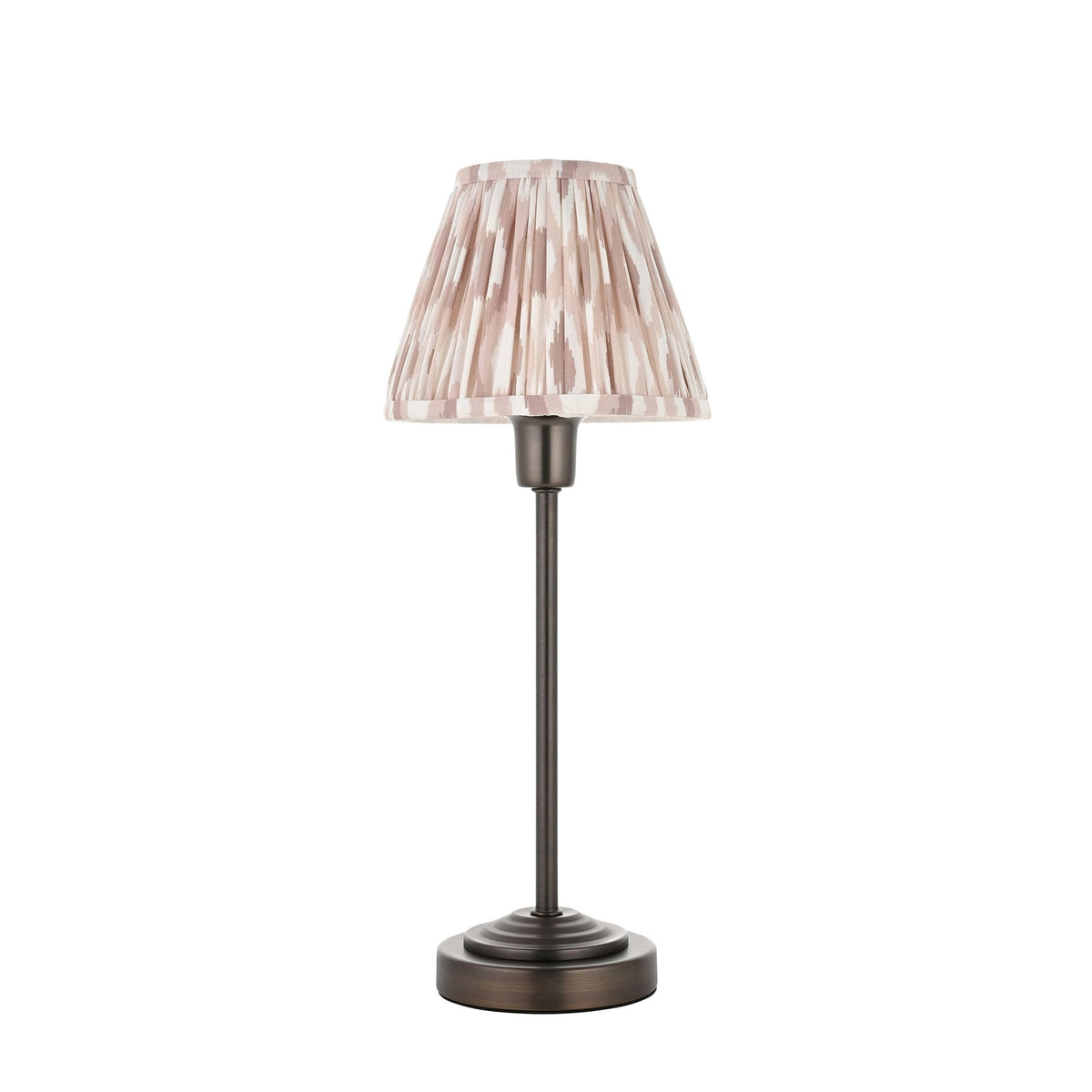 Rise Table Lamp in Antique Bronze with Ikat 16cm Neutral Faux Silk Fabric Shade