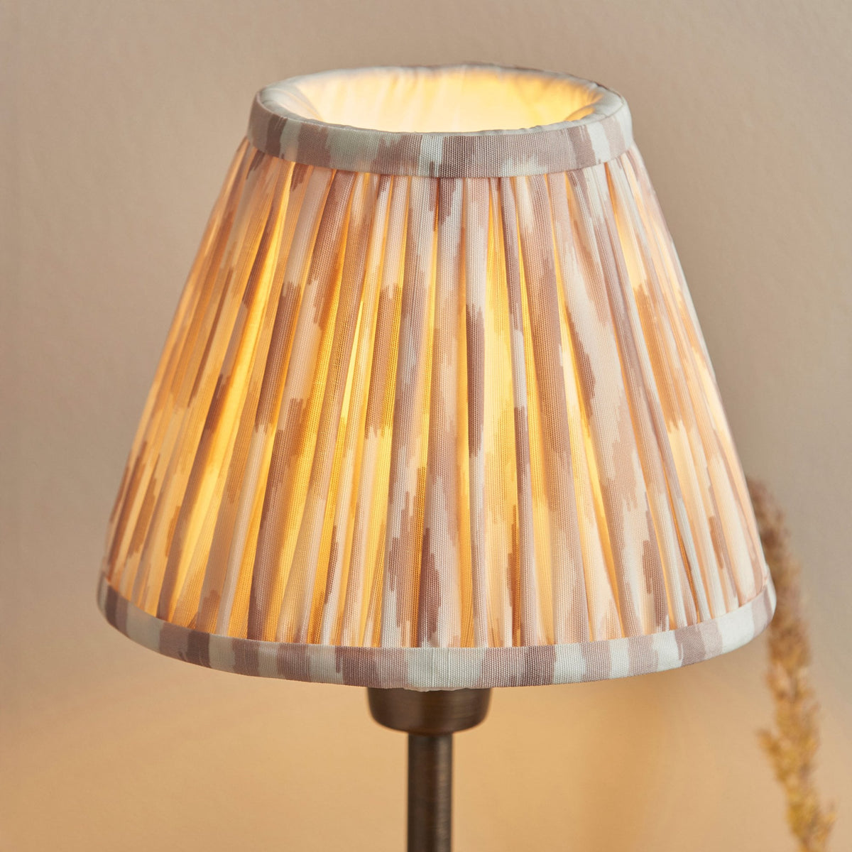 Rise Table Lamp in Antique Bronze with Ikat 16cm Neutral Faux Silk Fabric Shade