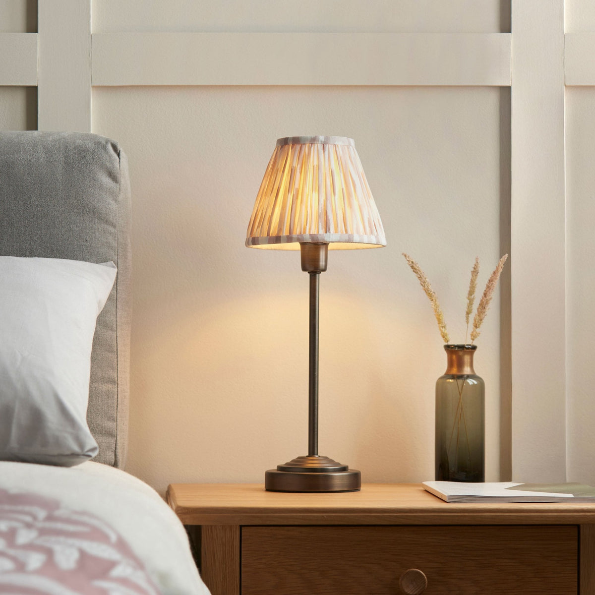 Rise Table Lamp in Antique Bronze with Ikat 16cm Neutral Faux Silk Fabric Shade