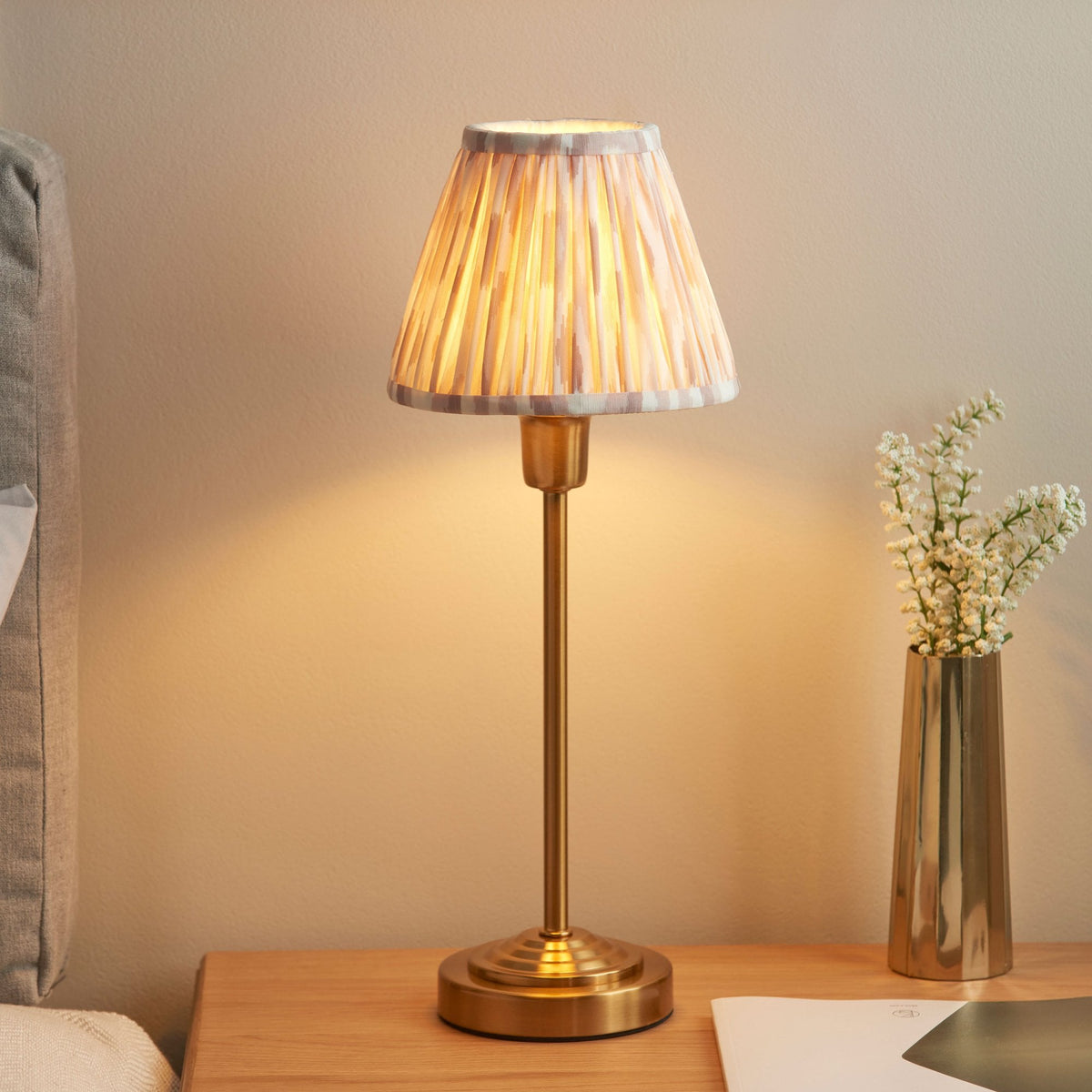 Rise Table Lamp in Vintage Brass with Ikat 16cm Neutral Faux Silk Fabric Shade