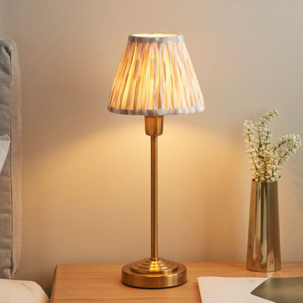 Rise Table Lamp in Vintage Brass with Ikat 16cm Neutral Faux Silk Fabric Shade