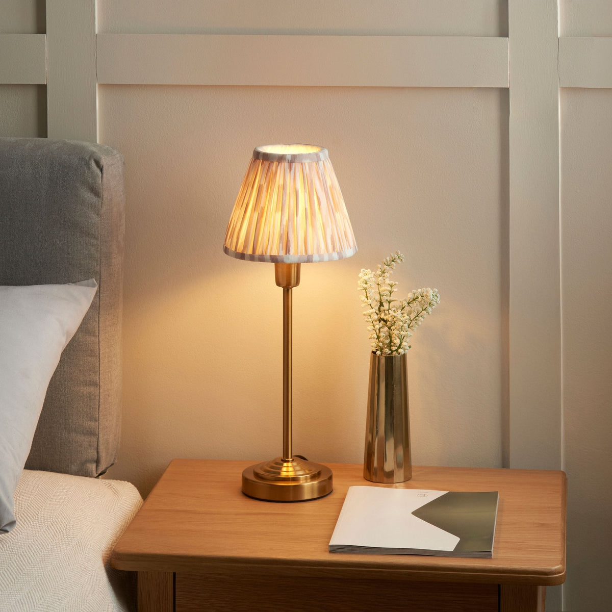 Rise Table Lamp in Vintage Brass with Ikat 16cm Neutral Faux Silk Fabric Shade