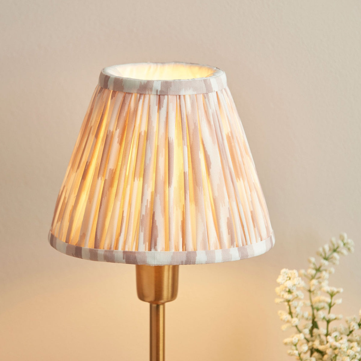Rise Table Lamp in Vintage Brass with Ikat 16cm Neutral Faux Silk Fabric Shade