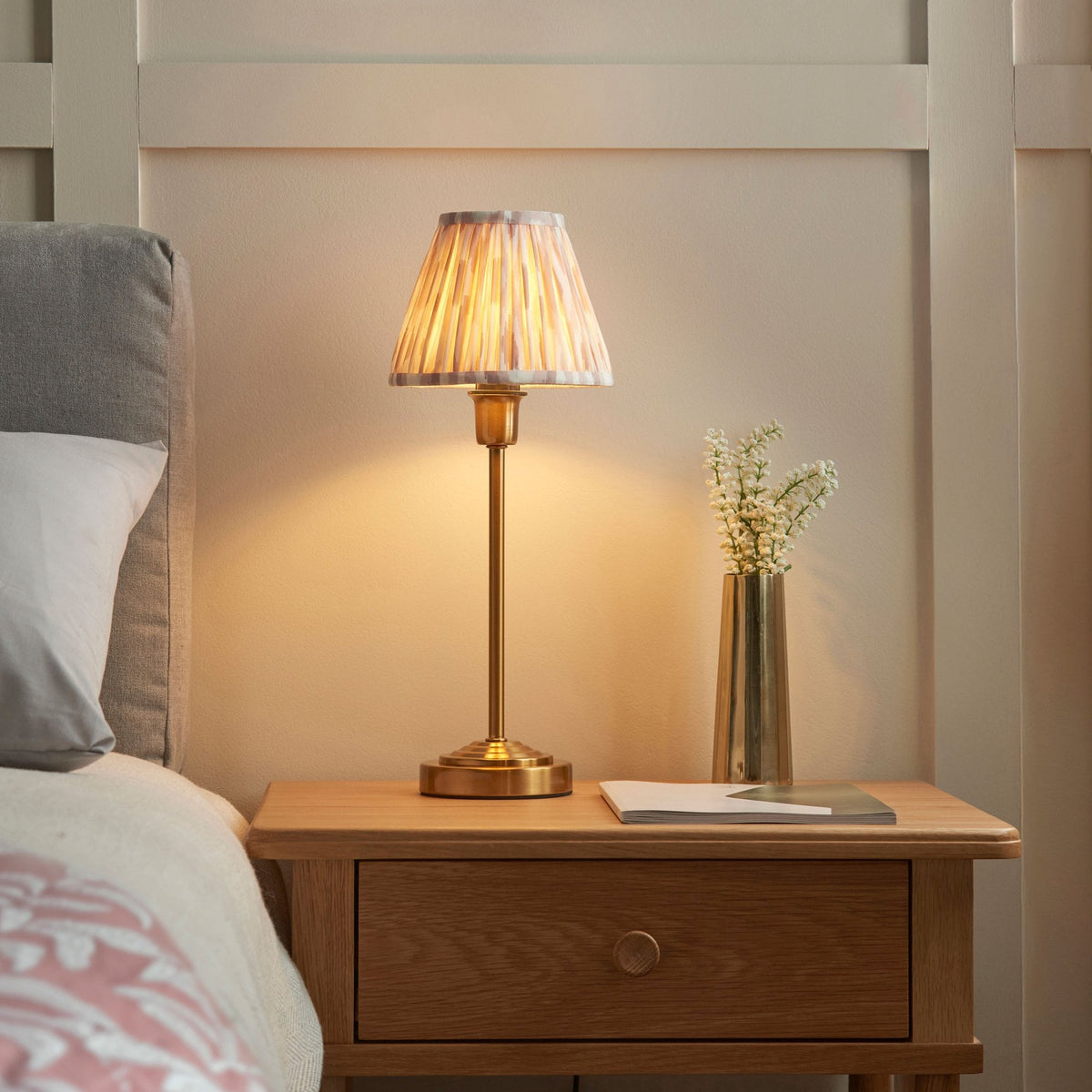 Rise Table Lamp in Vintage Brass with Ikat 16cm Neutral Faux Silk Fabric Shade