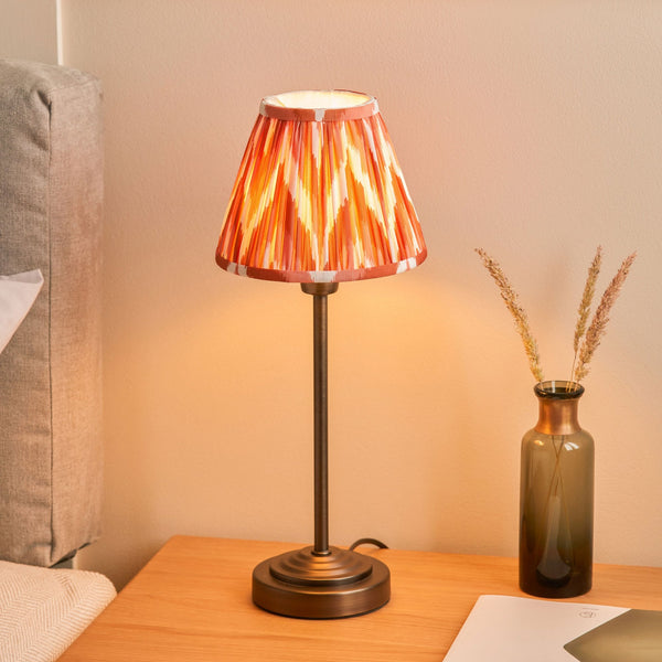 Rise Table Lamp in Antique Bronze with Zigzag 16cm Apricot Orange Faux Silk Fabric Shade