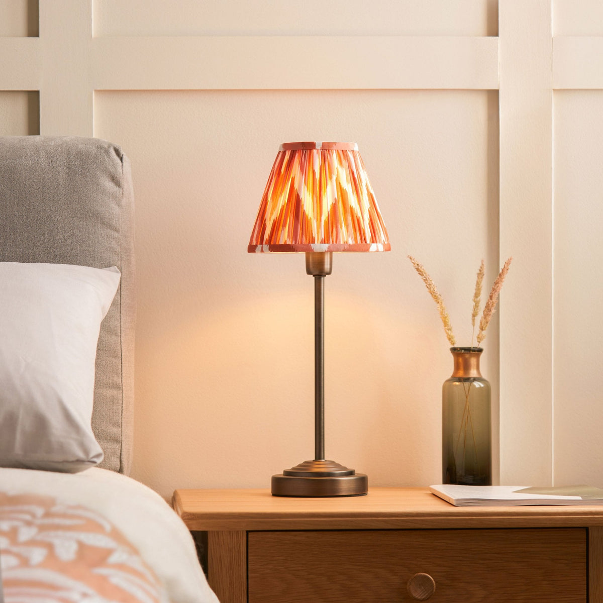 Rise Table Lamp in Antique Bronze with Zigzag 16cm Apricot Orange Faux Silk Fabric Shade