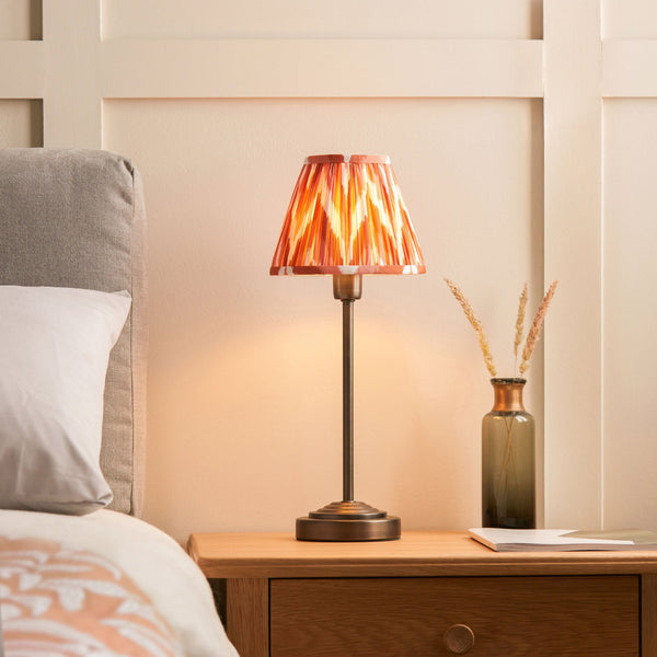 Rise Table Lamp in Antique Bronze with Zigzag 16cm Apricot Orange Faux Silk Fabric Shade
