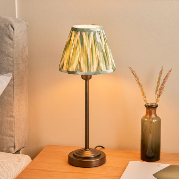 Rise Table Lamp in Antique Bronze with Zigzag 16cm Cotswold Green Faux Silk Fabric Shade