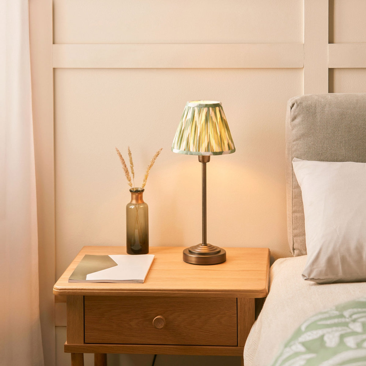 Rise Table Lamp in Antique Bronze with Zigzag 16cm Cotswold Green Faux Silk Fabric Shade