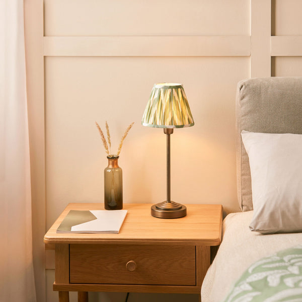 Rise Table Lamp in Antique Bronze with Zigzag 16cm Cotswold Green Faux Silk Fabric Shade