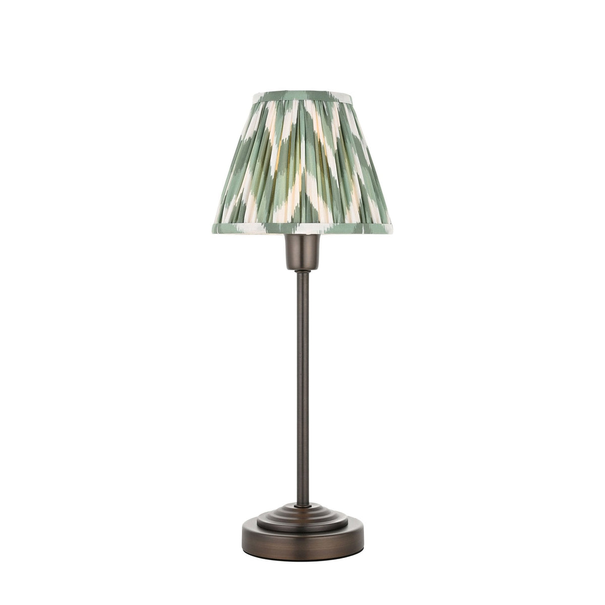 Rise Table Lamp in Antique Bronze with Zigzag 16cm Cotswold Green Faux Silk Fabric Shade