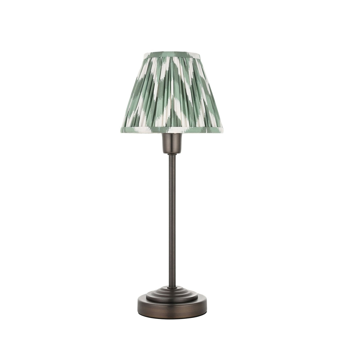 Rise Table Lamp in Antique Bronze with Zigzag 16cm Cotswold Green Faux Silk Fabric Shade