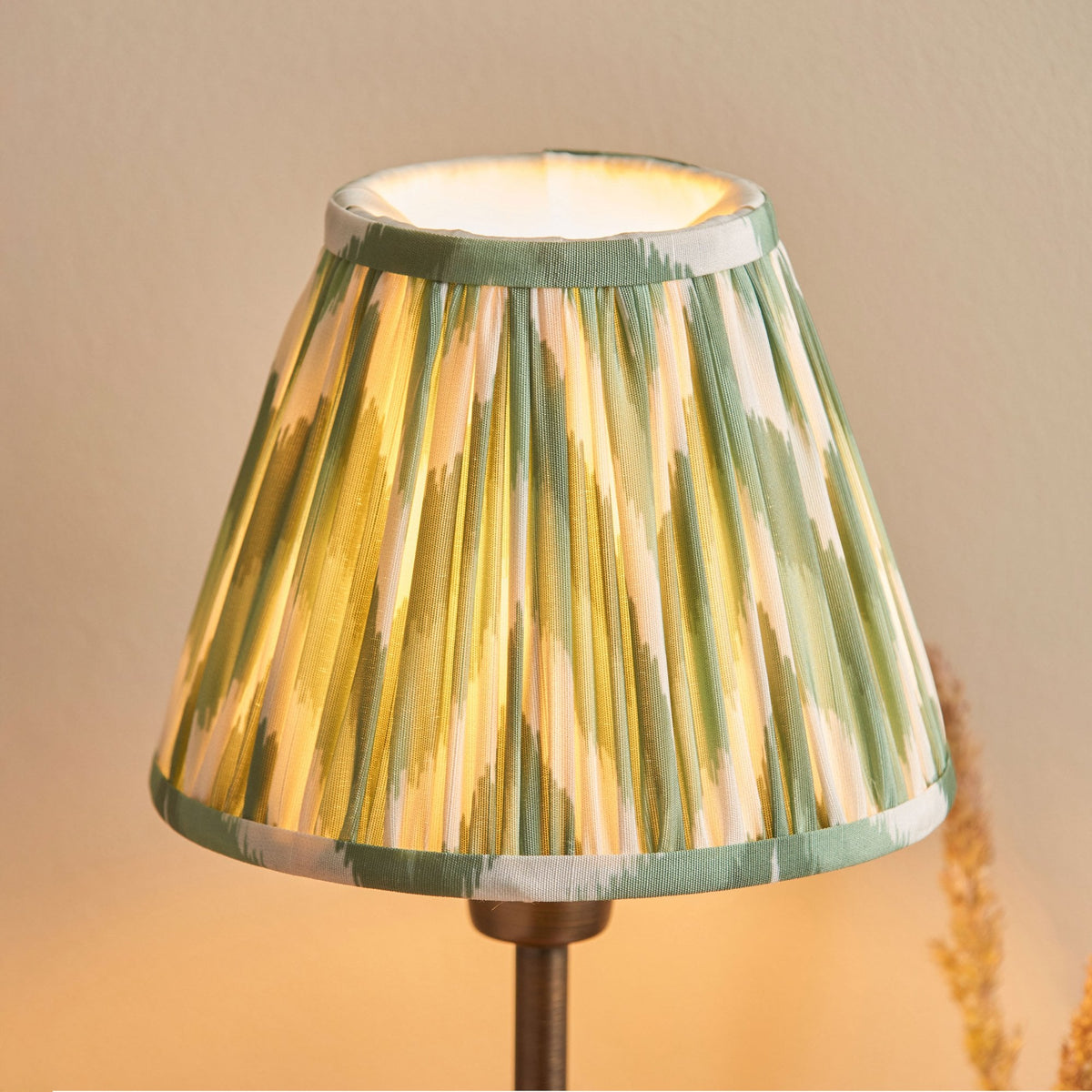 Rise Table Lamp in Antique Bronze with Zigzag 16cm Cotswold Green Faux Silk Fabric Shade