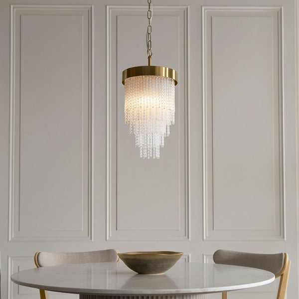 Anistoria Pendant in Brushed Aged Brass & Twisted Clear Decorative Glass Rods