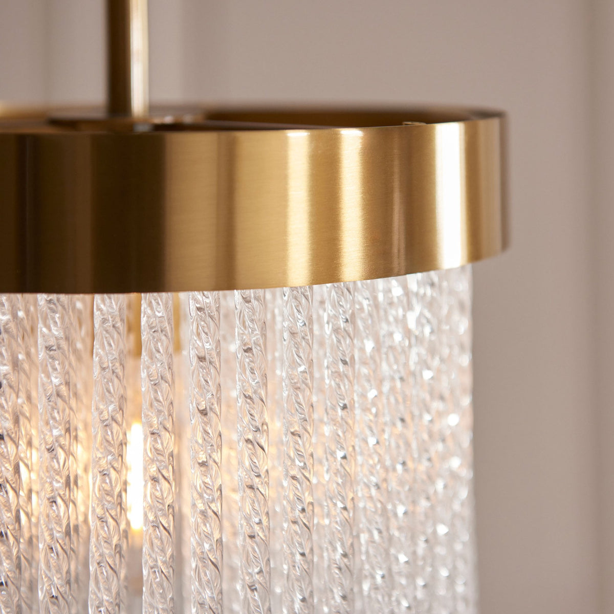 Anistoria Pendant in Brushed Aged Brass & Twisted Clear Decorative Glass Rods