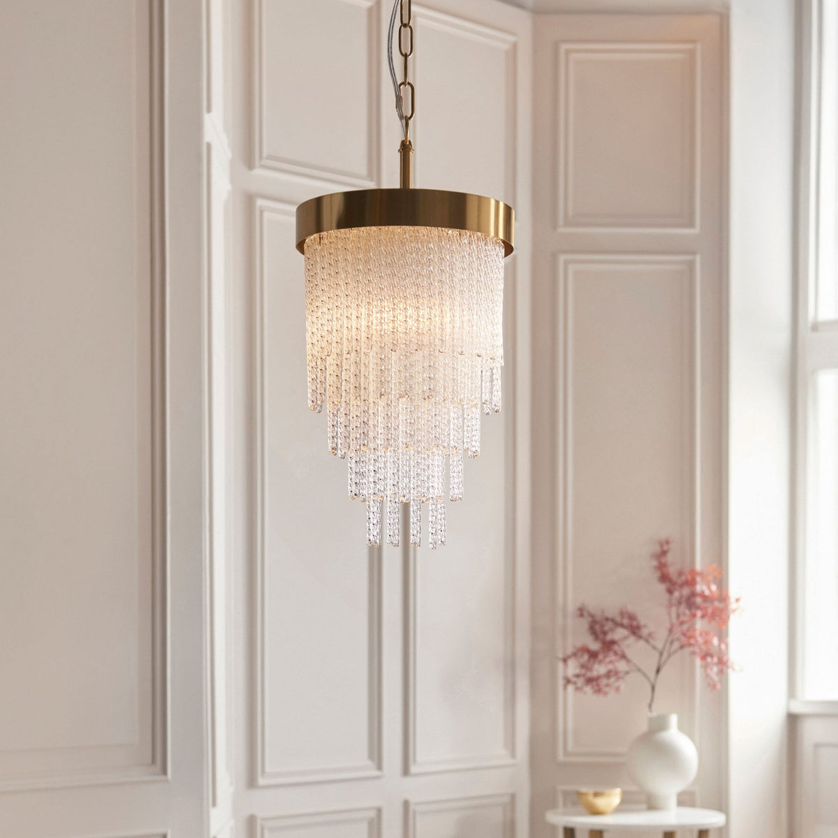 Anistoria Pendant in Brushed Aged Brass & Twisted Clear Decorative Glass Rods