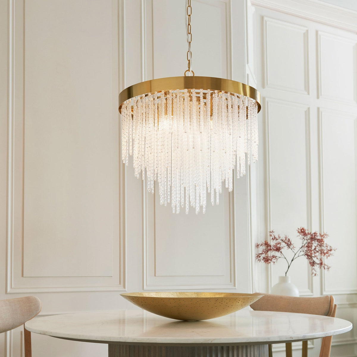 Anistoria Five Light Pendant in Brushed Aged Brass & Twisted Clear Decorative Glass Rods