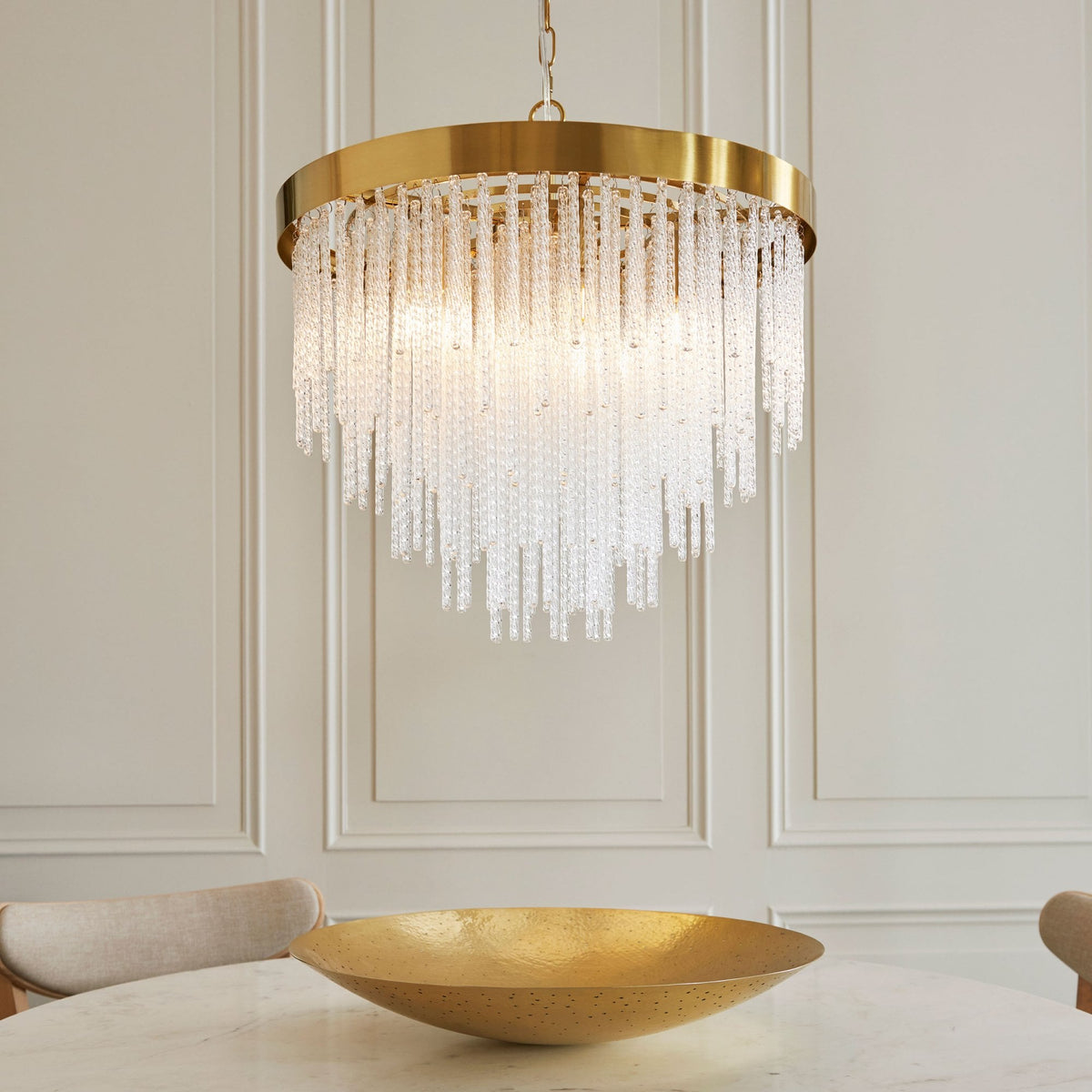 Anistoria Five Light Pendant in Brushed Aged Brass & Twisted Clear Decorative Glass Rods