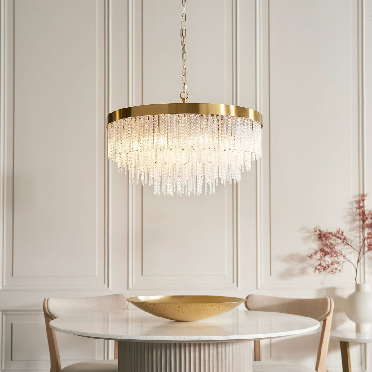 Anistoria Grand Nine Light Pendant in Brushed Aged Brass & Twisted Clear Decorative Glass Rods