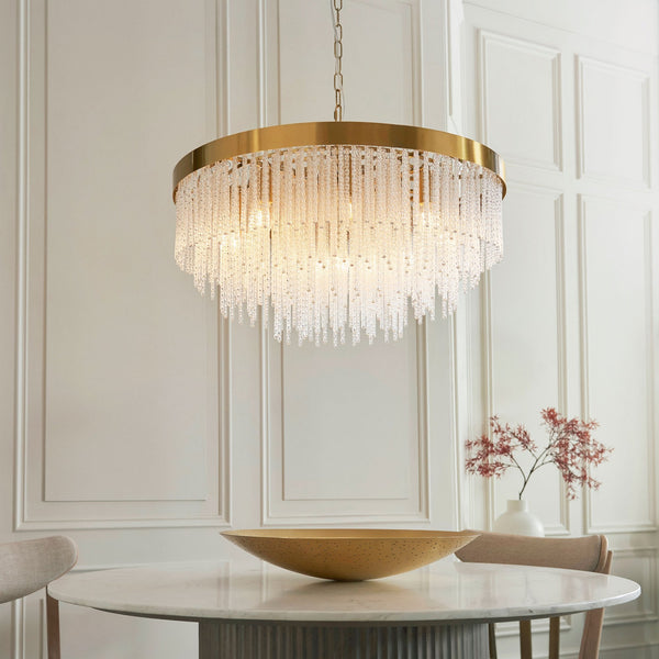 Anistoria Grand Nine Light Pendant in Brushed Aged Brass & Twisted Clear Decorative Glass Rods