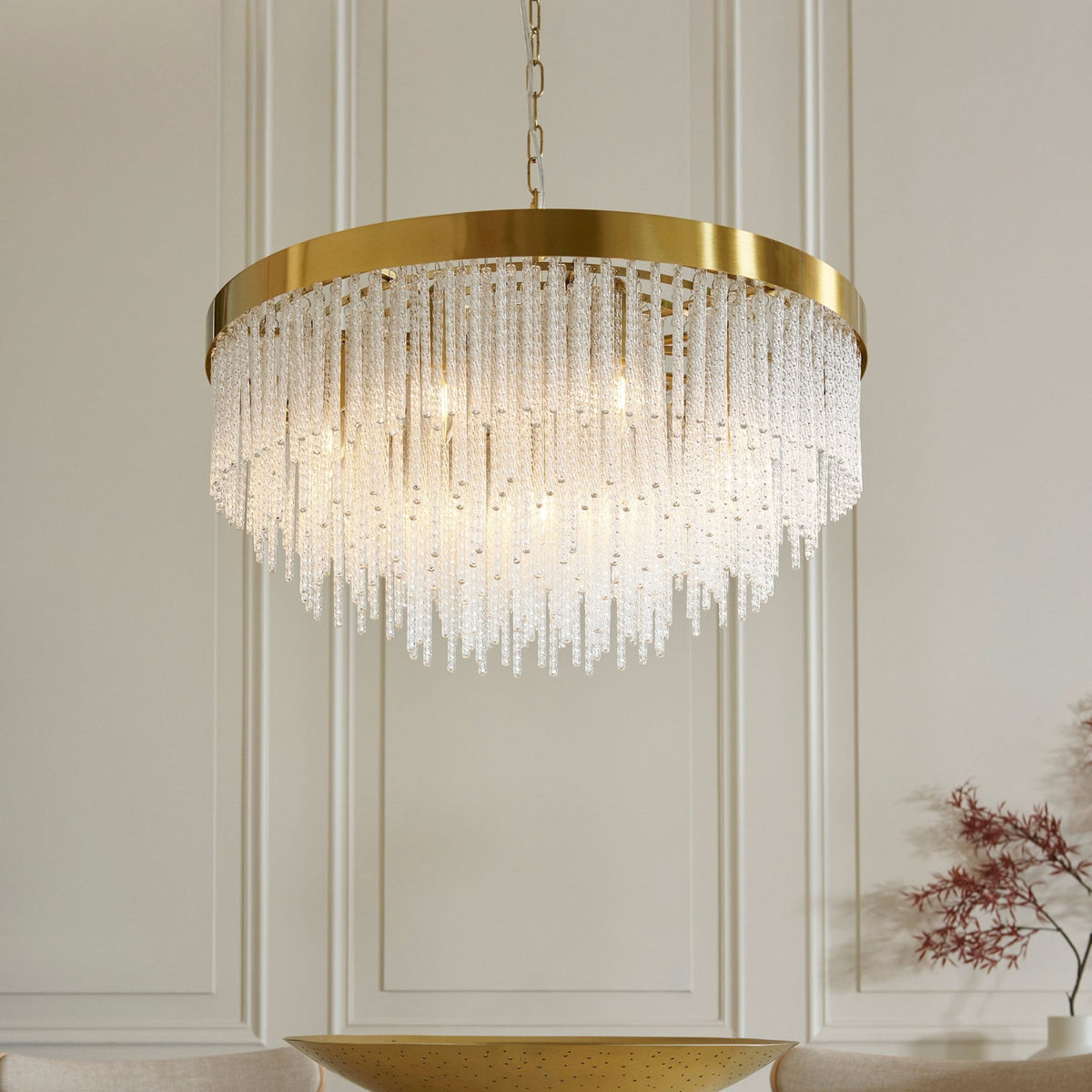 Anistoria Grand Nine Light Pendant in Brushed Aged Brass & Twisted Clear Decorative Glass Rods