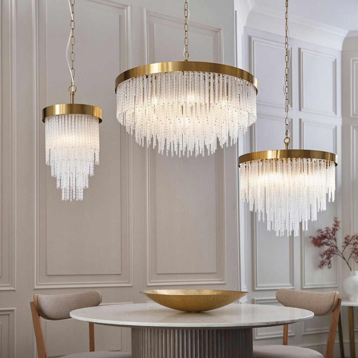 Anistoria Grand Nine Light Pendant in Brushed Aged Brass & Twisted Clear Decorative Glass Rods