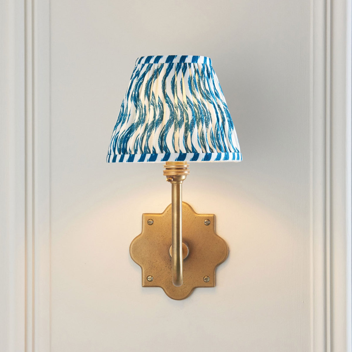 Anvil Swan Wall Light in Brass Patina with 16cm Ripple Marlin Blue Faux Linen Fabric Shade