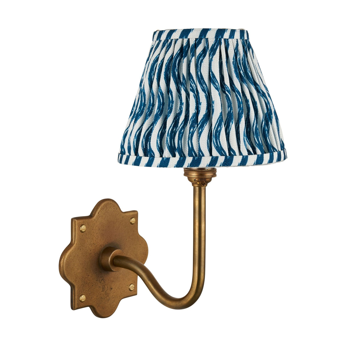 Anvil Swan Wall Light in Brass Patina with 16cm Ripple Marlin Blue Faux Linen Fabric Shade